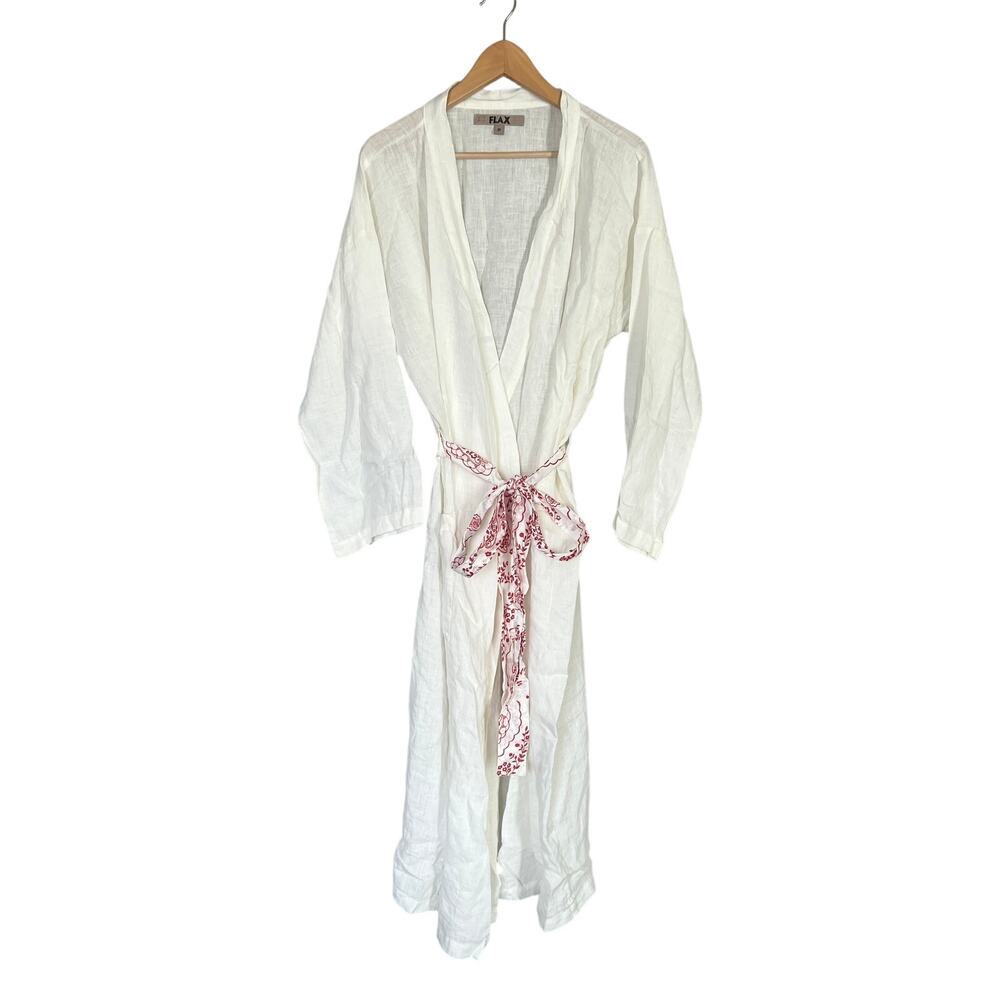 Flax 100% Linen White Red Floral Linen Wrap Around Maxi Robe Women's Size P 4-6